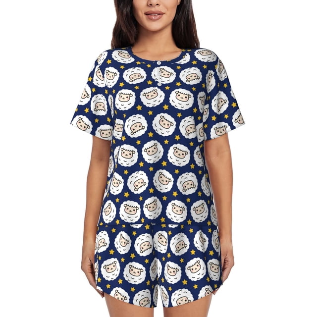 Balery Cute Sheep With Star Conjunto de Pijama para Mujer con Estampado, Dos Piezas de Manga Corta y Shorts, Ropa de Dormir Suave con Cuello Redondo y Bolsillos-3X-Large
