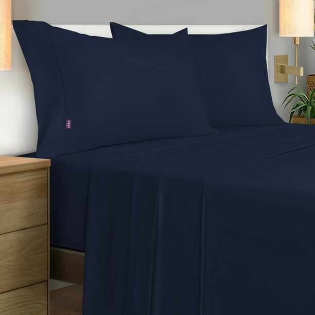 Sabanas Lisas Ubbe, Tamaño Matrimonial, Color Azul Marino, 4 Piezas