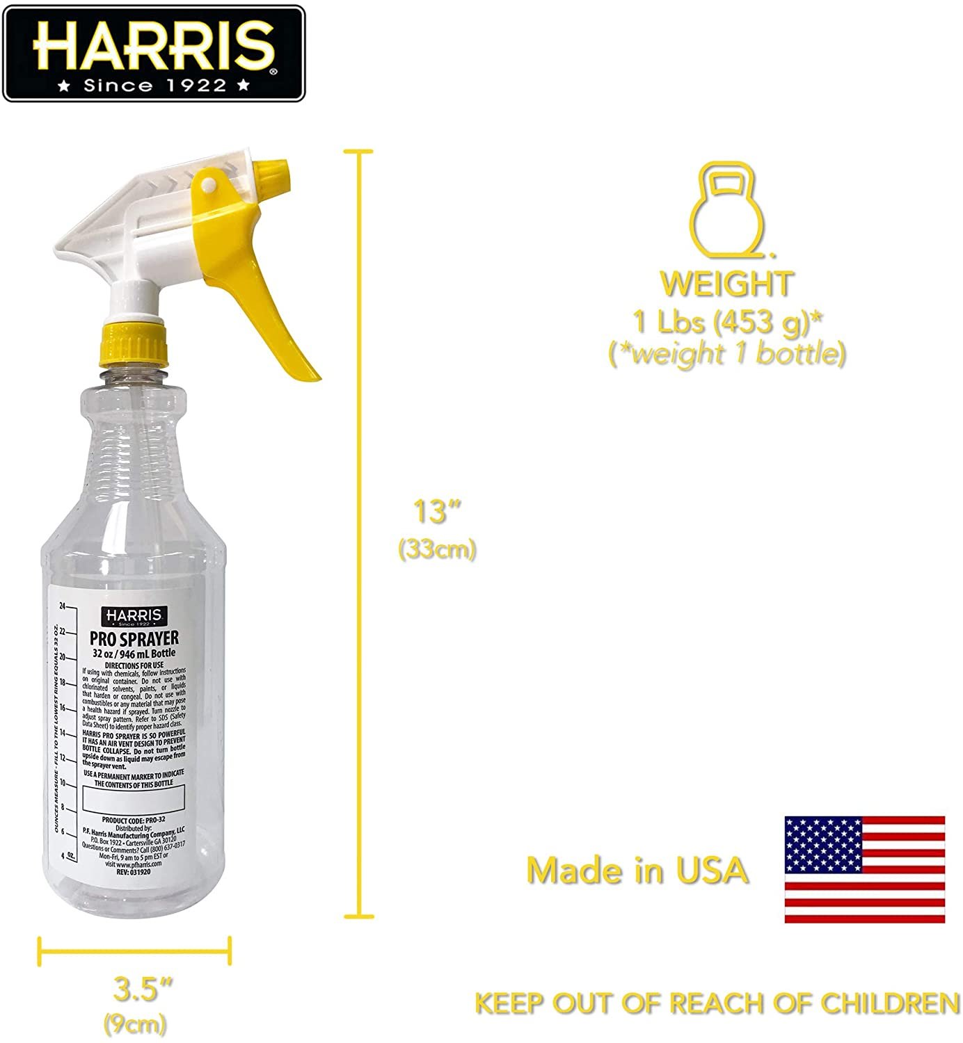 Harris Professional Spray Bottle 32oz 3-Pack, All-Purpose with Clear  Finish, Pressurized Sprayer, Adjustable Nozzle and Measurements 
