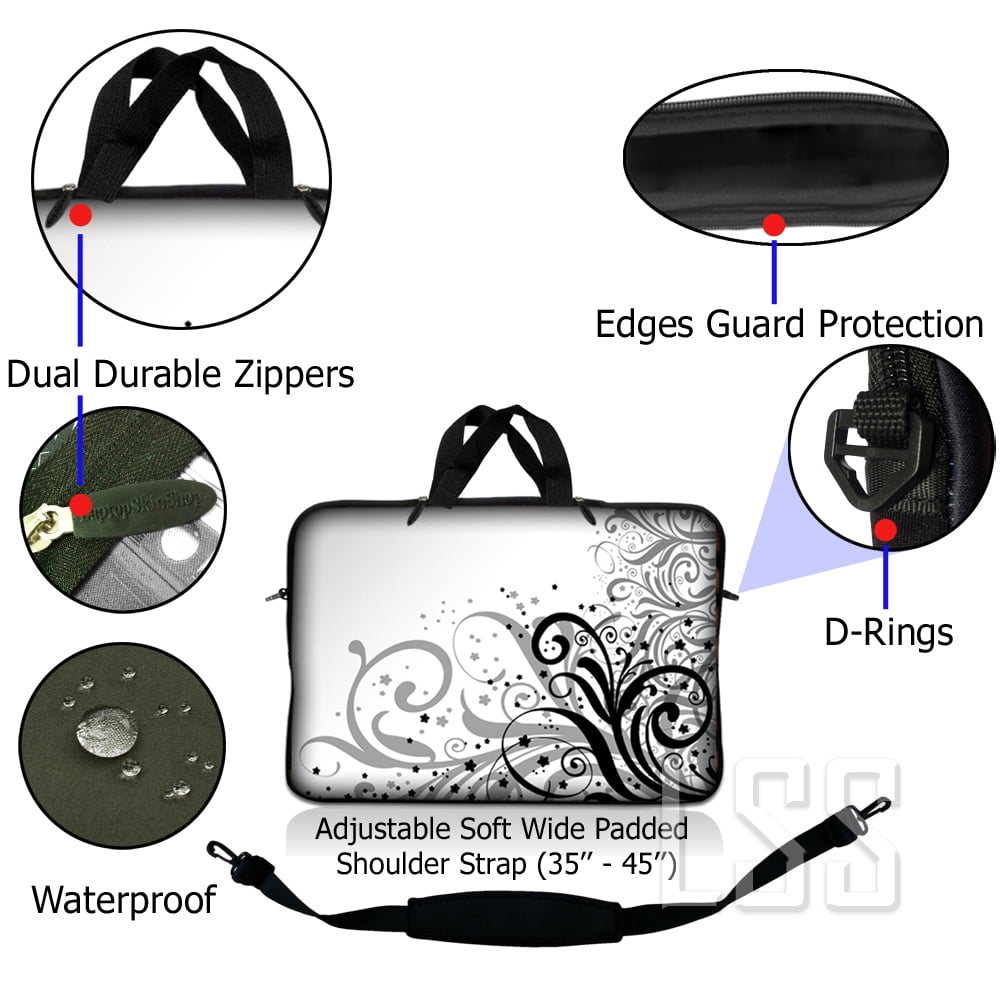 LSS 12-13.3 inch Laptop Sleeve Bag Compatible with Acer, Dell, HP, Sony, MacBook, Carrying Case w/ Handle & Adjustable Strap - Grey Swirl Black & White Floral