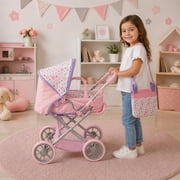 Dolls To Play Baby Doll Convertible Pram Stroller with Removable Bassinet Carrier, Adjustable Handle, Canopy & Storage Basket, Purple, 25 Inch