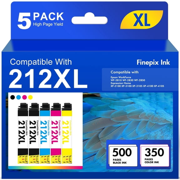 5 Pack 212XL Ink Cartridges Use With WorkForce WF-2850 WF-2830 Expression Home XP-4100 XP-4105 Compatible for Epson 212 212XL Printer Ink Combo Pack (2 x Black, Cyan, Magenta, Yellow)