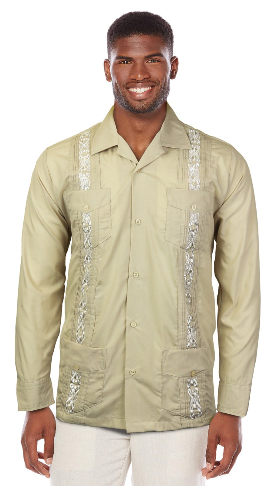Guayabera Men's Beach Wedding Long Sleeve Button-up Cuban Shirt White 