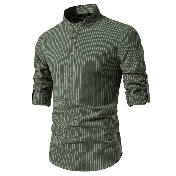 Mens Slim-Fit Shirts Business Casual Long Sleeve T-Shirts Button Stand Collared Pullover Stripe Printed Breathable Office Work Tees Tops