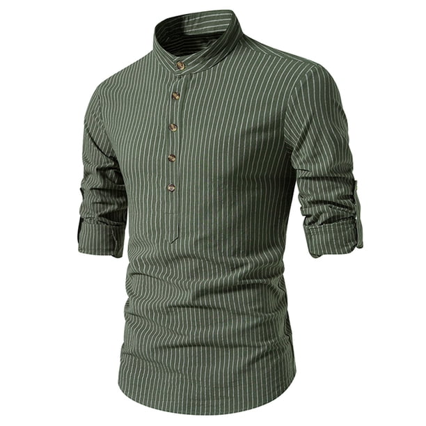 Blusa y camisa de manga larga con cuello alto para hombre, informal, con botones y rayas, blusa de manga larga con cuello alto, blusa para hombre