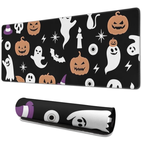 Long Mouse Pads for Desk,Halloween Ghosts Pumpkins and Spooky Icons Desk Mats on Top Of Desks, Desk Mouse Pad Extra Large with 3mm Non-Slip Base and Stitched Edge for Gaming,Work,Home 31.5x11.8in