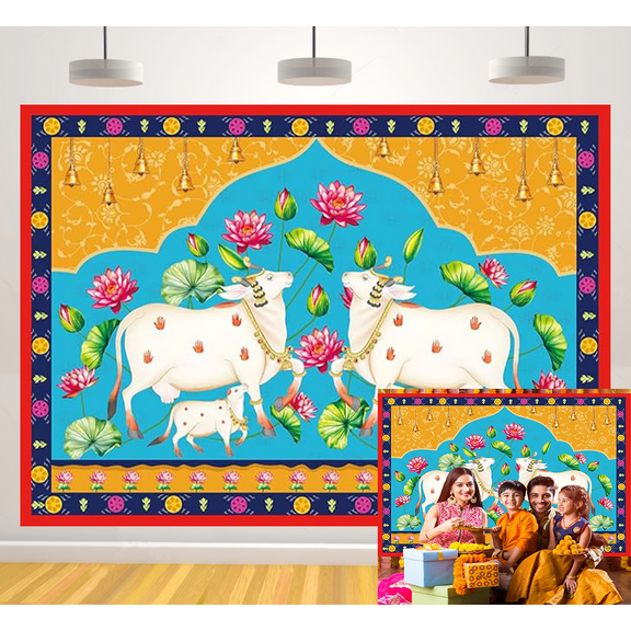 7x5FT Indian Lotus Cow Pooja Pichwai Backdrop Traditional India Orange Pooja Lotus Diwali Festival Photography background India Pooja Wedding Housewarming Diwali Baby Shower Home Decoration