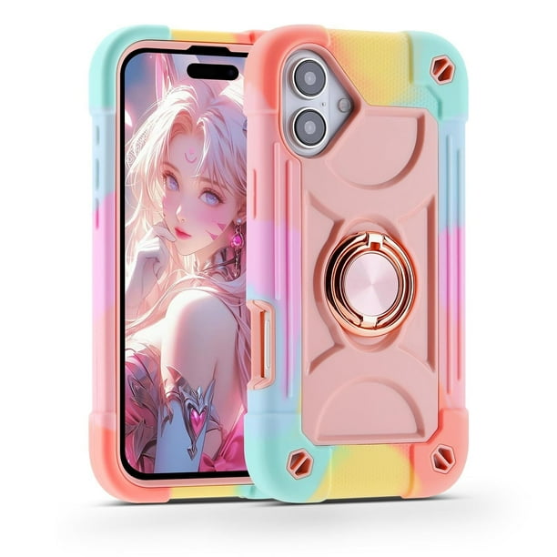 Compatible con iPhone 16 Funda de 6.1 pulgadas con soporte de anillo, protección contra caídas de grado militar, carcasa resistente de cuerpo completo, funda protectora duradera 3 en 1 para iPhone 16