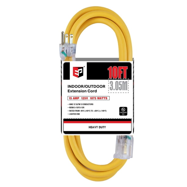 Cable de extensión EP, 10 pies, 12/3, SJTW, 15 A, 125 V, iluminado para exteriores