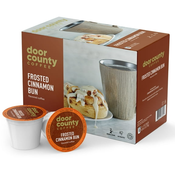 Door County Coffee Frosted Cinnamon Buns, Cinnamon Bun Flavored Specialty Arabica K Cup/Single-Serve Coffee Pods, Medium Roast, 10 Ct Box, Compatible with all Keurig K Cup Brewers