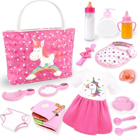 BNUZEIYI Baby Doll Accessories -Baby Doll Feeding and Caring Set with Diaper Bag Bottles for Girls Toys Gift, Stuff Doll Clothes fit 14-16 Inch Doll and 18 Inch Doll BE18