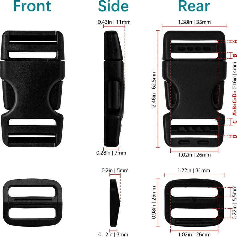 Buckles Straps Set of 1 inch: 10 pcs Quick Side Release Plastic Buckle Dual  Adjustable + 12 Yard Black Nylon Webbing Strap Band + 20 pcs Tri-glide  Slide Clip, No Sewing Required