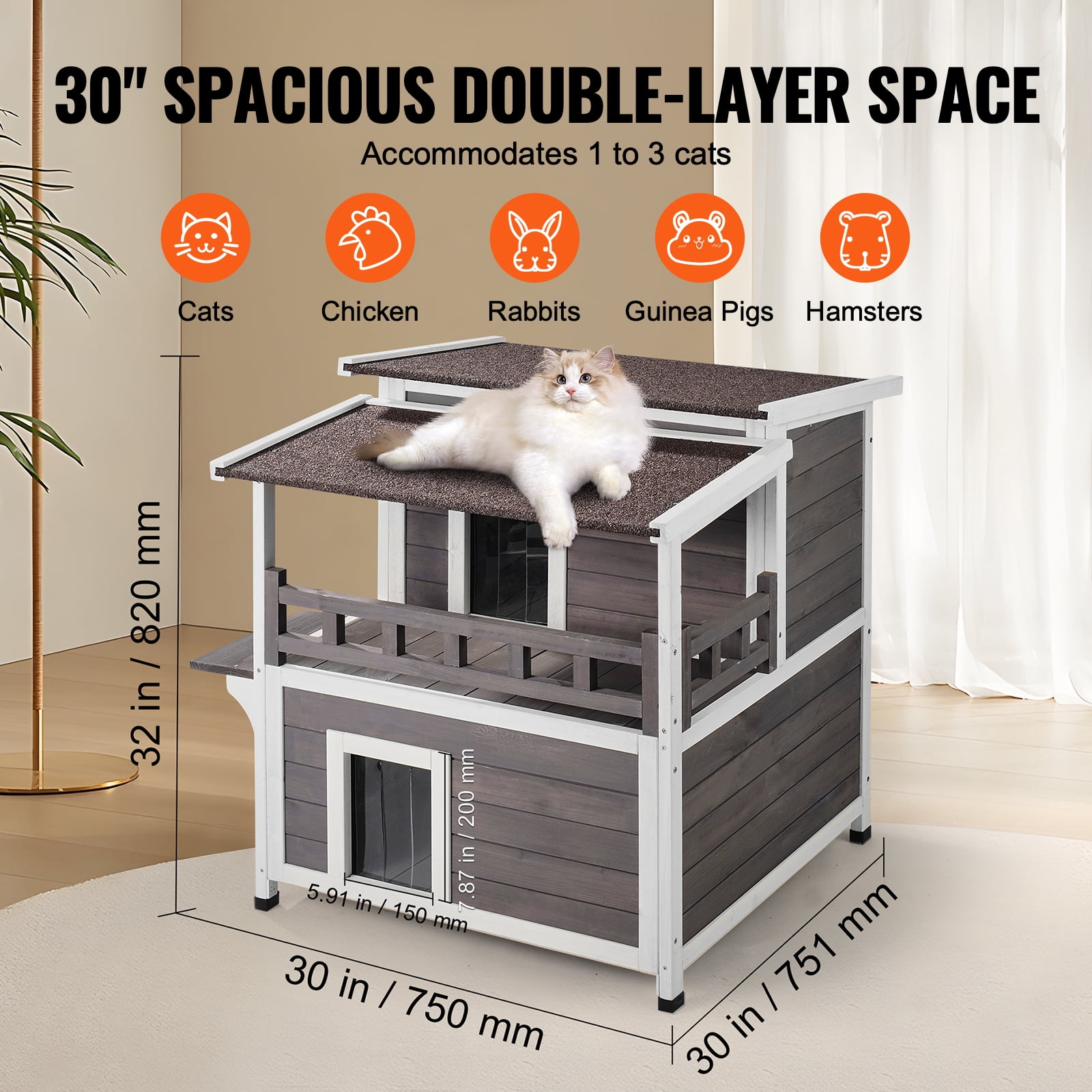 KFFKFF Cat Wooden Shelter 30"L x 30"W x 32"H, Weather-Resistant Outdoor Cat Home, Dual-Level Spacious Outdoor Timber Feline Residence with Terrace, PVC Entry Covers, Detachable Top