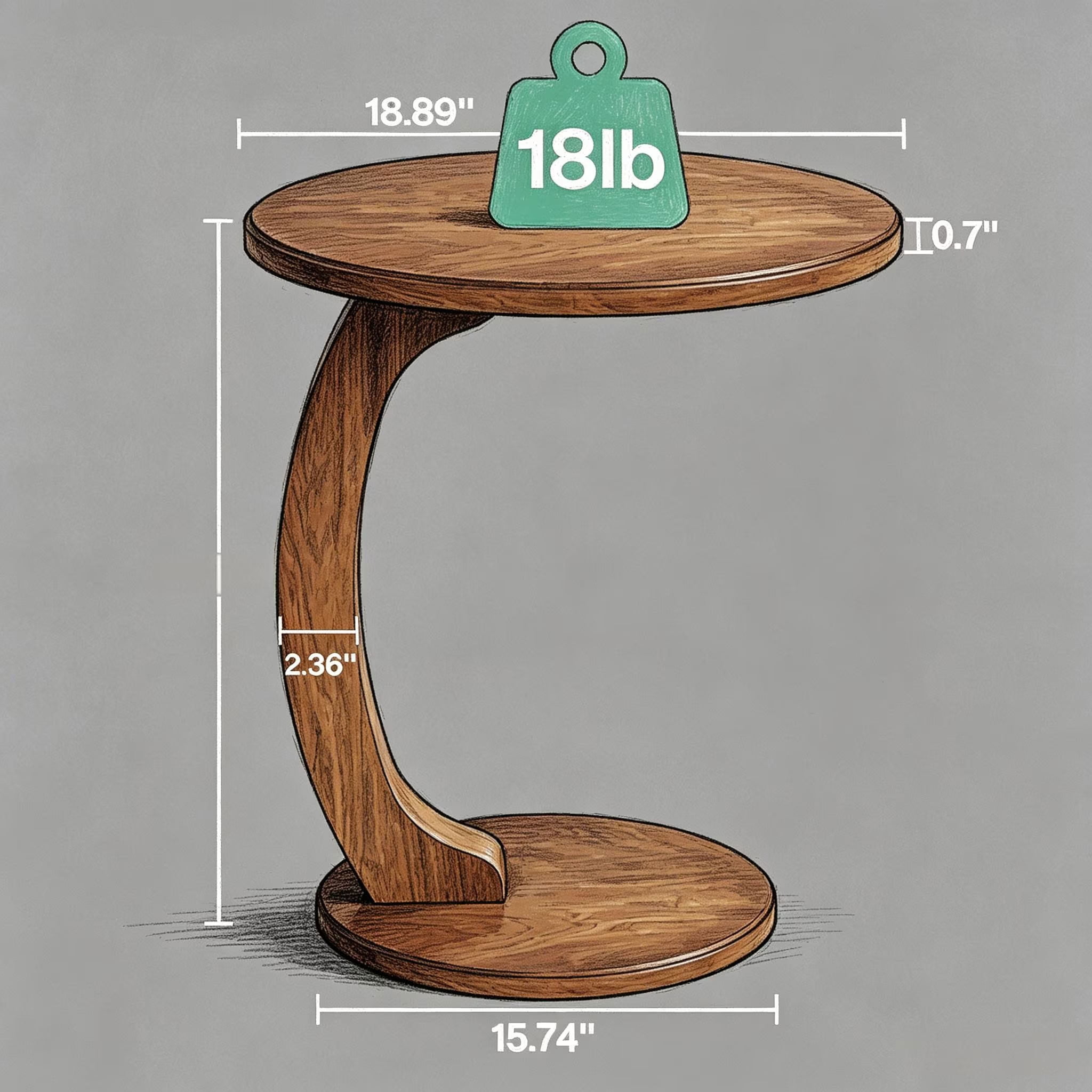 MAYEERTY C-Shaped End Table, Round Vintage Wooden Side Table with Curved Leg, Space-Saving Sofa Table for Living Room, Bedroom, Small Spaces