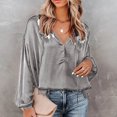thumbnail image 2 of Pompotops Ladies Solid Color V-Neck Lantern Long-Sleeved Button Casual Shirt Top, 2 of 8