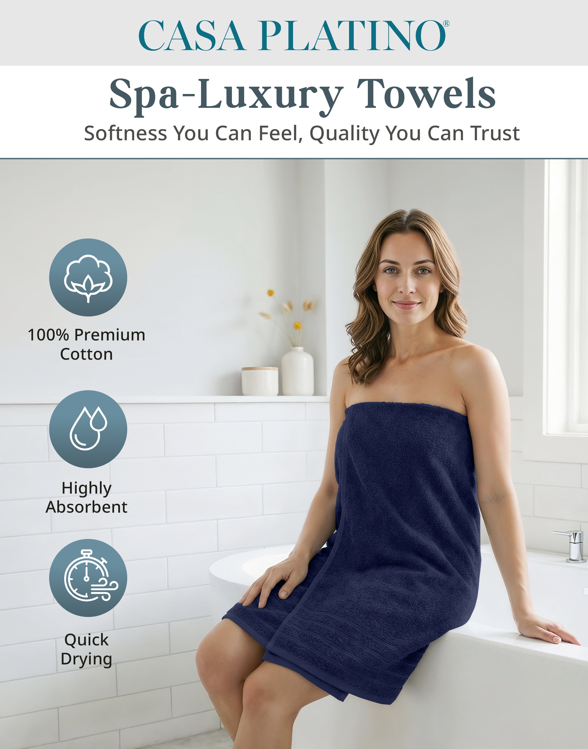 Casa Platino 24-Piece Luxury Towels for Bathroom – 100% Ring-Spun Cotton, 2 Bath Sheets, 2 Gym Towel, 2 Bath, 4 Fingertip, 6 Hand, 8 Washcloths, Ultra Soft, Easy Care – Navy