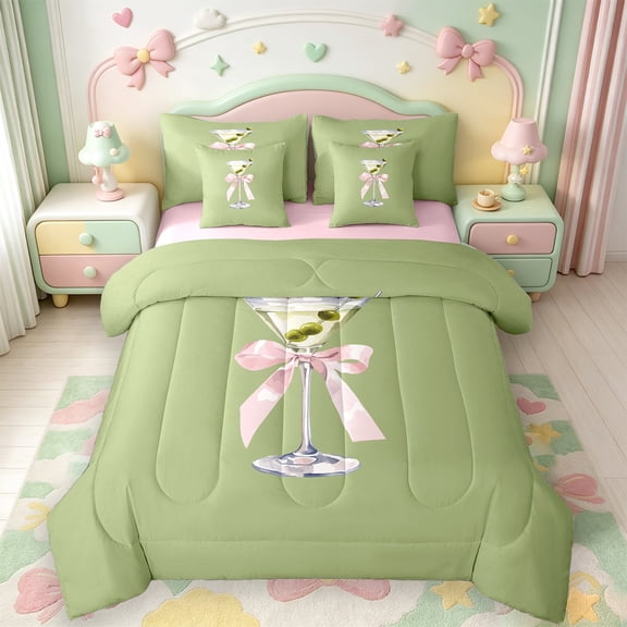 Manfei Cute Bowknot Goblet 7-Piece Twin Bedding,Pink Girly Bowtie Bedding Comforter Set,Pink Reversible