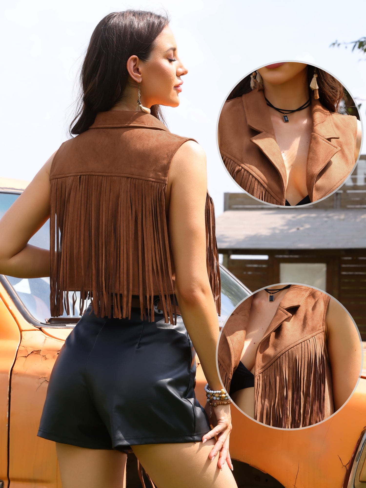 DARING DIVA Women's Faux Suede Sleeveless Crop Open Front Fringe Vest L Brown