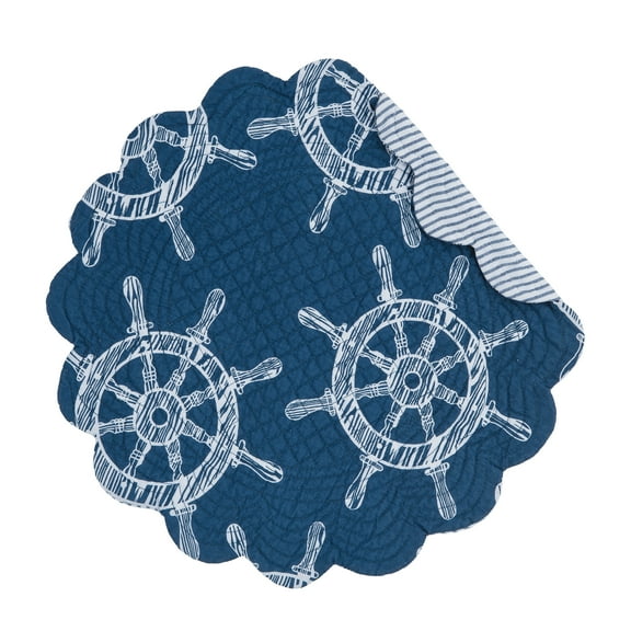 Maritime Blue Ship Wheel 100% Cotton Round Set of 6 Placemats 17"