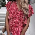 thumbnail image 2 of Blusa de manga corta con volantes Estampado floral Blusa de manga corta con escote en V ajustada informal para mujer Verano Borgoña M, 2 of 6