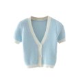 thumbnail image 2 of ZAXARRA Women Color Block Crop Top, Short Sleeve V-Neck Button Down Cardigan, 2 of 6