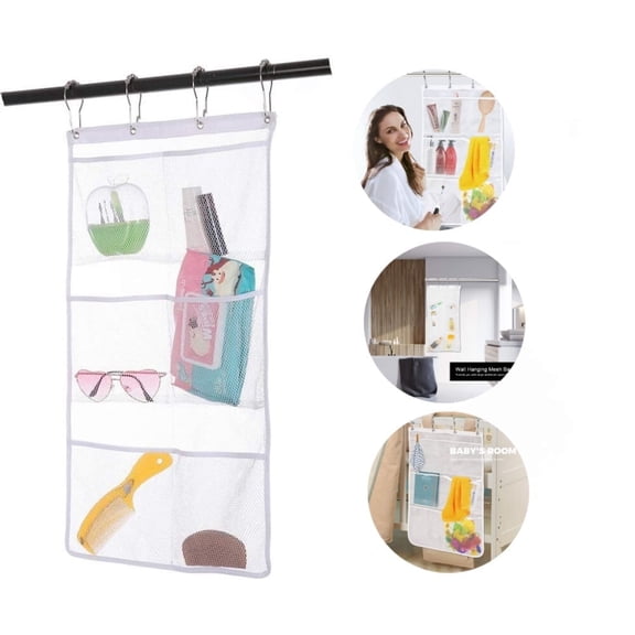 Mesh Shower Organizer Hanging Mesh Pockets Bathroom Caddy 6 Pockets Hang Curtain Rod with 4 Rings,Shampoo Shower Organizer,Quick Dry,Space Saving