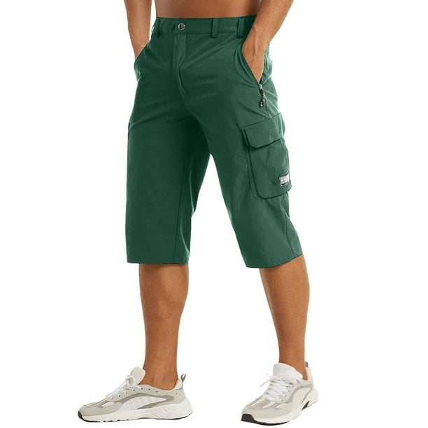 Pantalones cortos ligeros 7/8 para caminar para hombre - Pantalones de pesca de secado rápido con bolsillo para cinturón