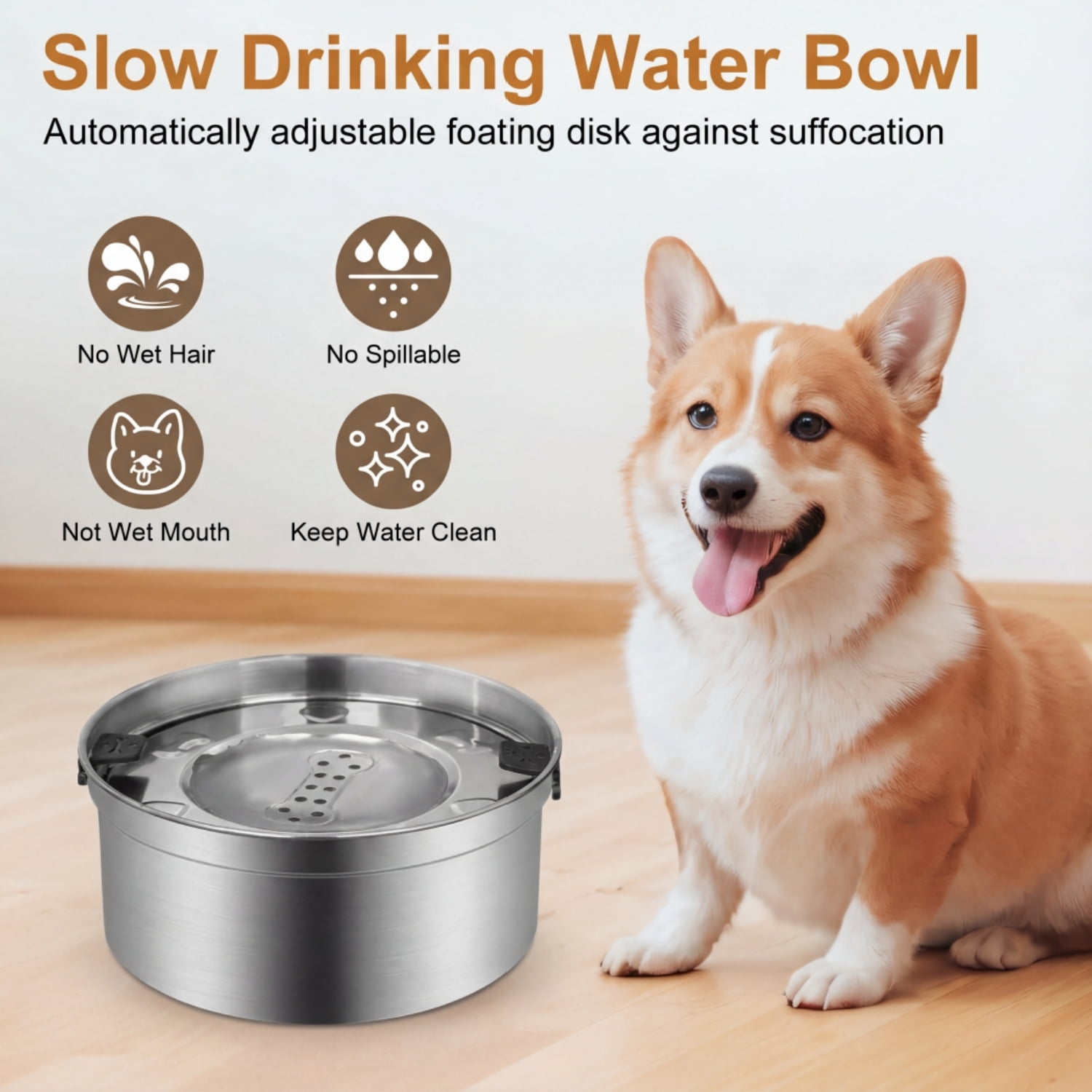 3.2L/135oz No Spill Water Bowl for Dogs,Slow Drinking 304 Stainless Steel Dog Water Bowl for Large Medium Dog