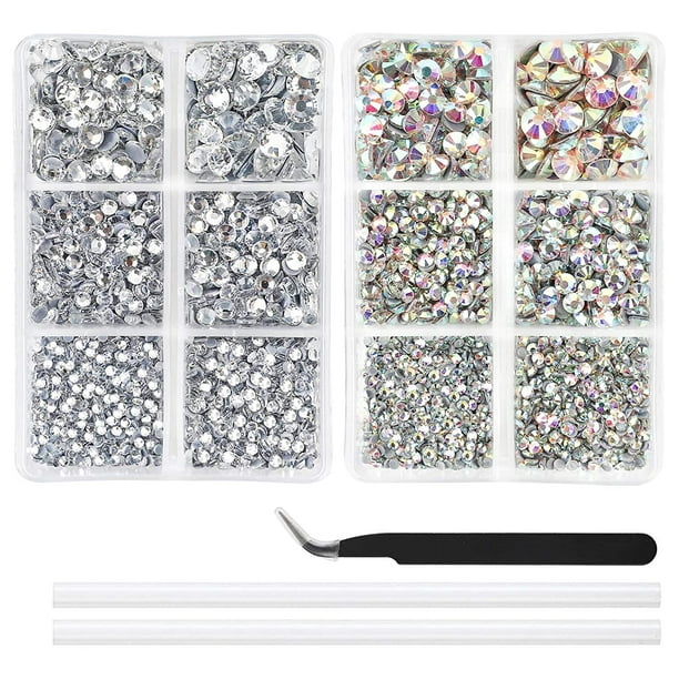 Outuxed 5040pcs Clear Hotfix Rhinestones 6 Mixed Size Crystal Flatback Rhinestones for Crafts Round Glass Gems with Tweezers and Picking Rhinestones