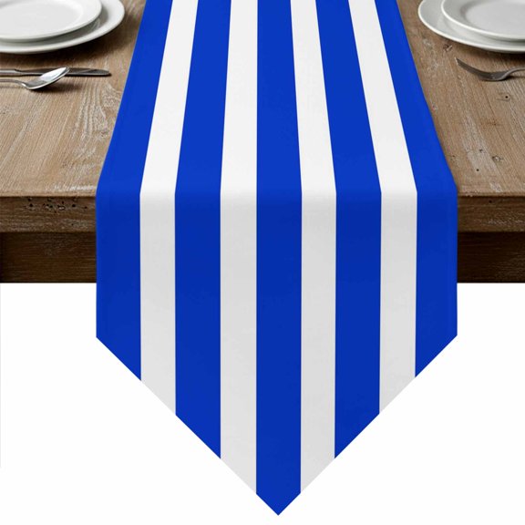 Blue Striped Table Runner Linen Burlap Table Runner 108 Inches Long Contemporary Abstract Horizontal Lines Dresser Scarves for Kitchen Island Coffee Dining Room Party Wedding Holiday Decor 13"x108"