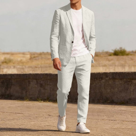 TaTaai Men solid color casual two piece suit set with long sleeve lapel top and button waist long pants for daily office and outdoor wear Gift