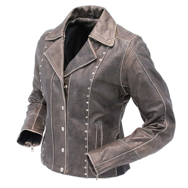 Rivet Trim Vintage Leather Motorcycle Jacket for Women LA4041ZRDN