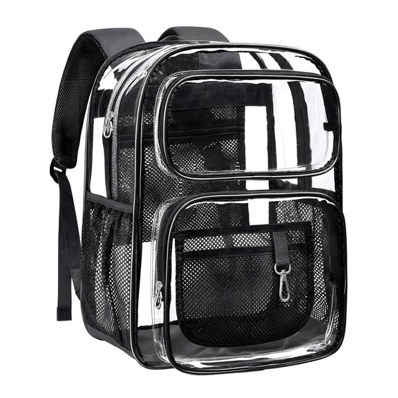 DAKIMOE Clear Backpack for School - 17 inch Large Heavy Duty Stadium Approved Clear Bookbag, See Through PVC Transparent Backpacks for Travel College Work, Black