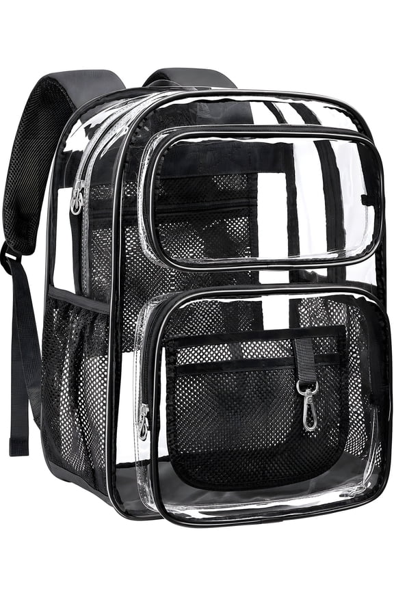 Clear Backpack for School - 17 inch Large Heavy Duty Stadium Approved Clear Bookbag, See Through PVC Transparent Backpacks for Travel College Work, Black