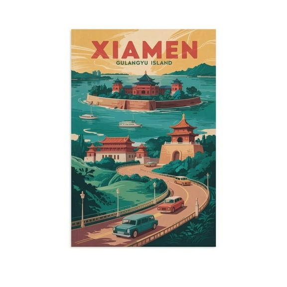 Xiamen Retro Travel Poster Vintage Chinese City Tourism with Gulangyu & Coastal Views Canvas Poster