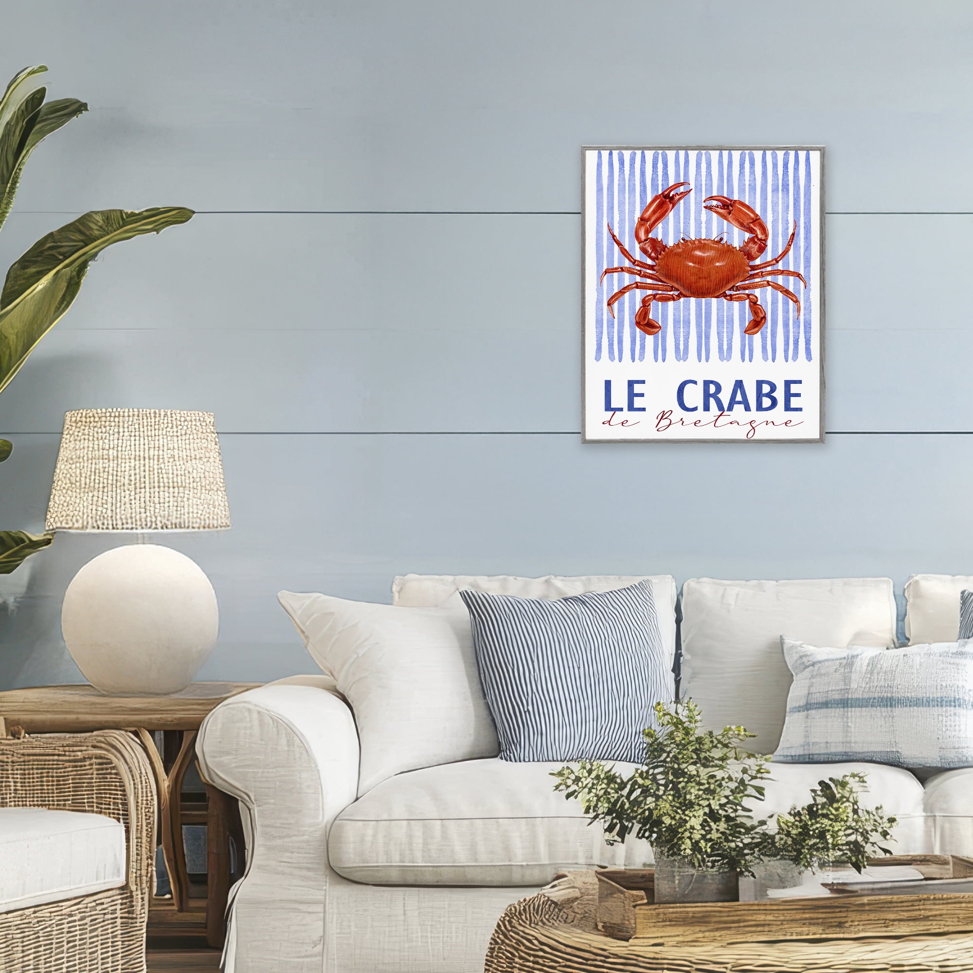 Stupell Industries Le Crabe Nautical Stripes Gray Framed Giclee Art, design by Kim Allen