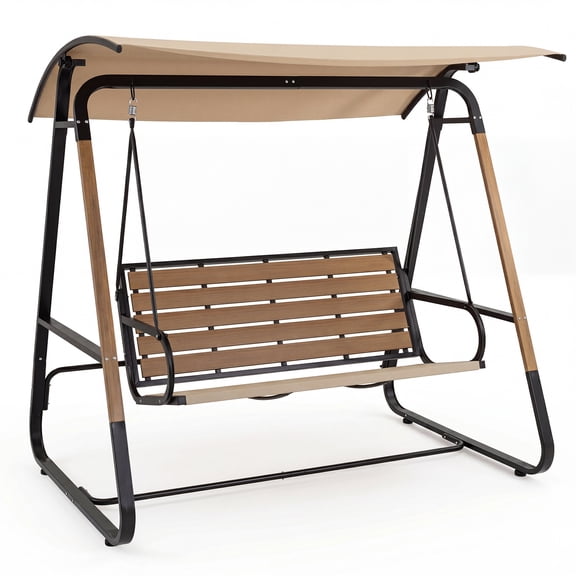 Costway 3-Person Porch Swing, Outdoor Swing with Adjustable Canopy Removable Padded Cushion Beige Black Brown