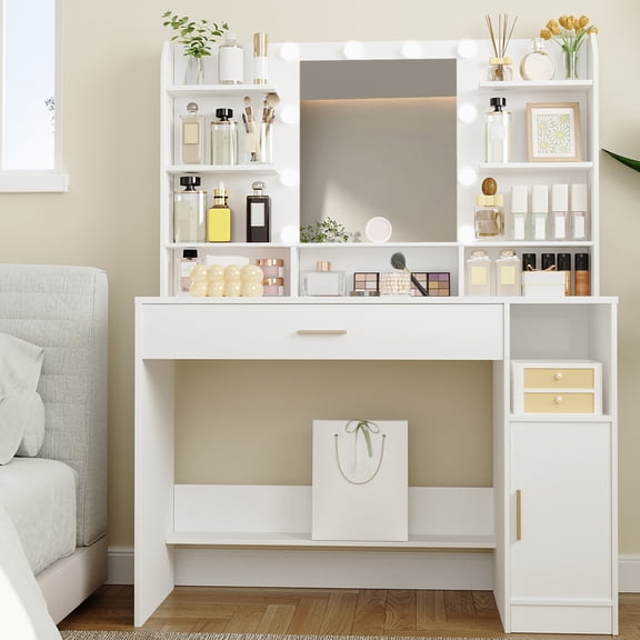 Hzuaneri Makeup Vanity Desk, 42.5"W LED Lighted Vanity Table with Power Strip, 4 Drawers & 2 Open Storage Cabinets, White