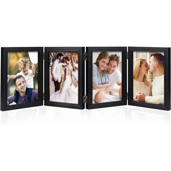 4 Folding 5x7 Inch Hinged Picture Frame High Definition Natural Wood Picture Frame Rustic Desktop Acrylic Frame Family Photo Collage for Birthday Father's Day Christmas Family Lover Gift