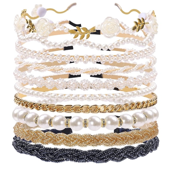 Pearl and Metal Headbands - Beaded No Slip Hair Accessories for Women and Girls, 10 Pack