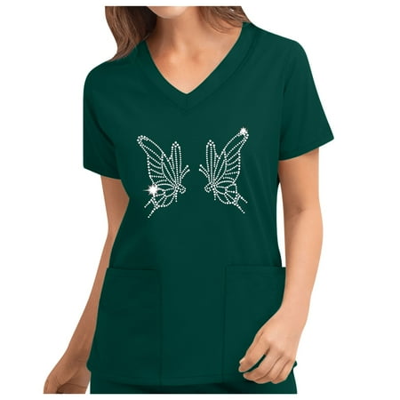 

Scrub Top Womens Butterfly Print Medical Scrub Shirts Short Sleeve V-neck Working Uniform Blouse with Pockets