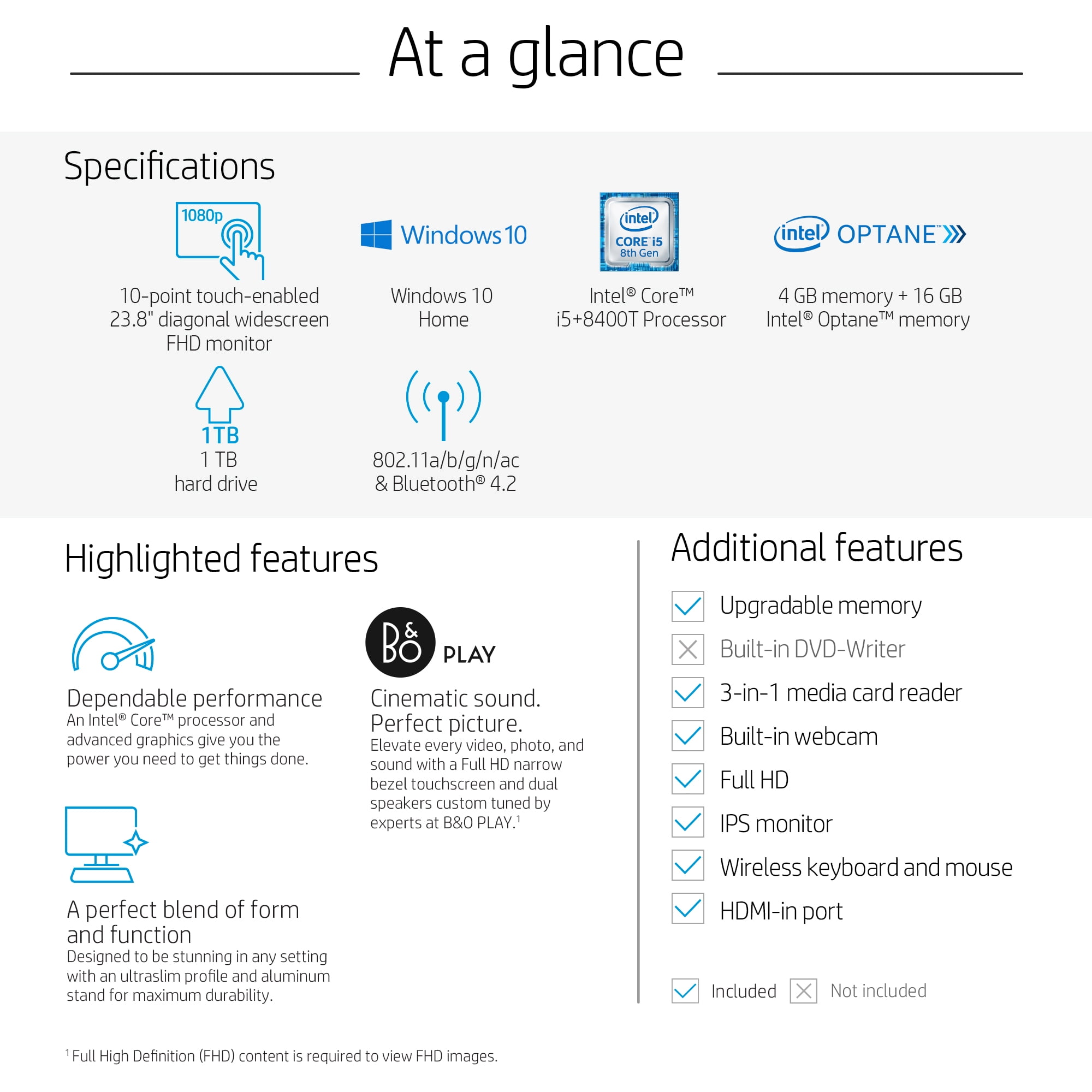 HP Pavilion 24 All-in-One PC 23.8" Touchscreen, Intel Core i5-8400T, Intel UHD Graphics 630, 1TB HDD + 16GB Optane memory, 4GB SDRAM, Wireless Mouse and Keyboard, FHD Privacy Webcam, 24-xa0053w