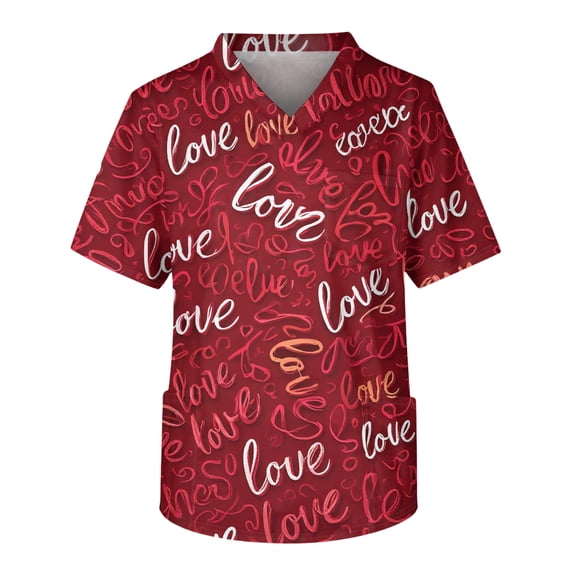 Valentines Day Scrubs for Men Cute Love Graphic Scrub Top, Cotton Blend Soft Stretchy Easy Care Nursing Uniform Beige L
