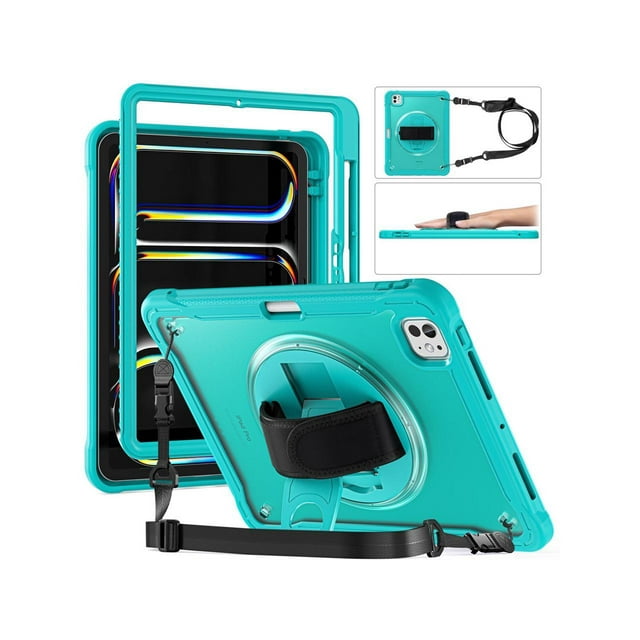Case for iPad Pro 11 Inch M4 2024 5th Gen Heavy Duty Rugged Shockproof Cover with 360° Rotating Hand Strap Foldable Stand & Shoulder Strap, Pencil Holder