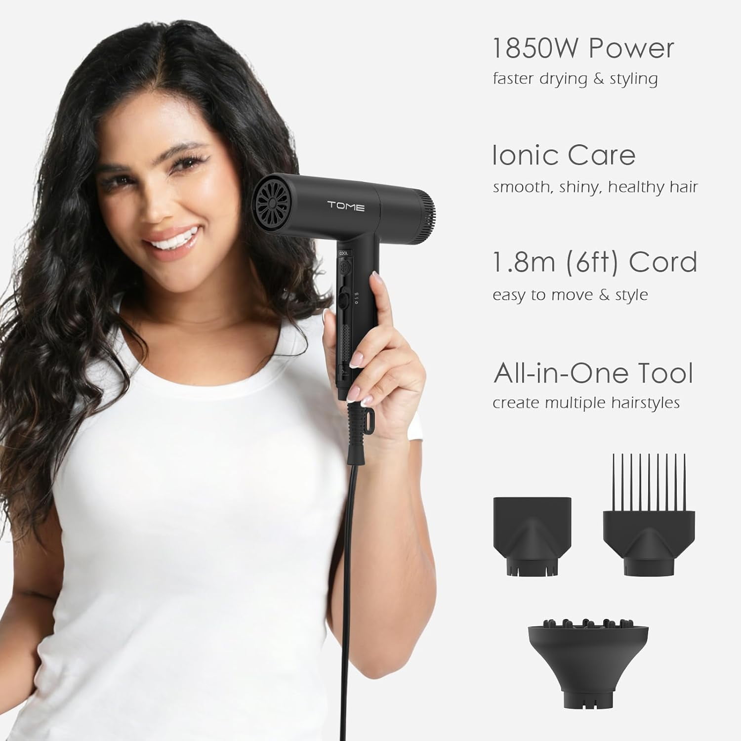 TOME 1875W Hair Dryer High Speed Motor Brushless 110000 RPM Blow Dryer Negative Ionic Cool Shot Lock with Diffuser Comb Nozzle,Black