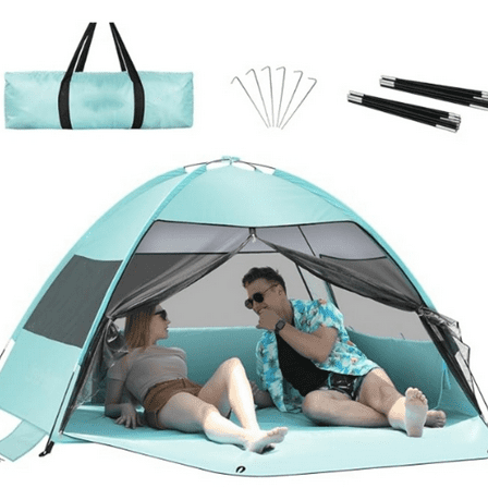 Large Easy Setup Beach Tent,Anti-UV Beach Shade Beach Canopy Tent Sun Shade with Extended Floor & 3 Mesh Roll Up Windows Fits 3-4 Person,Portable Shade Tent for Outdoor Camping Fishing