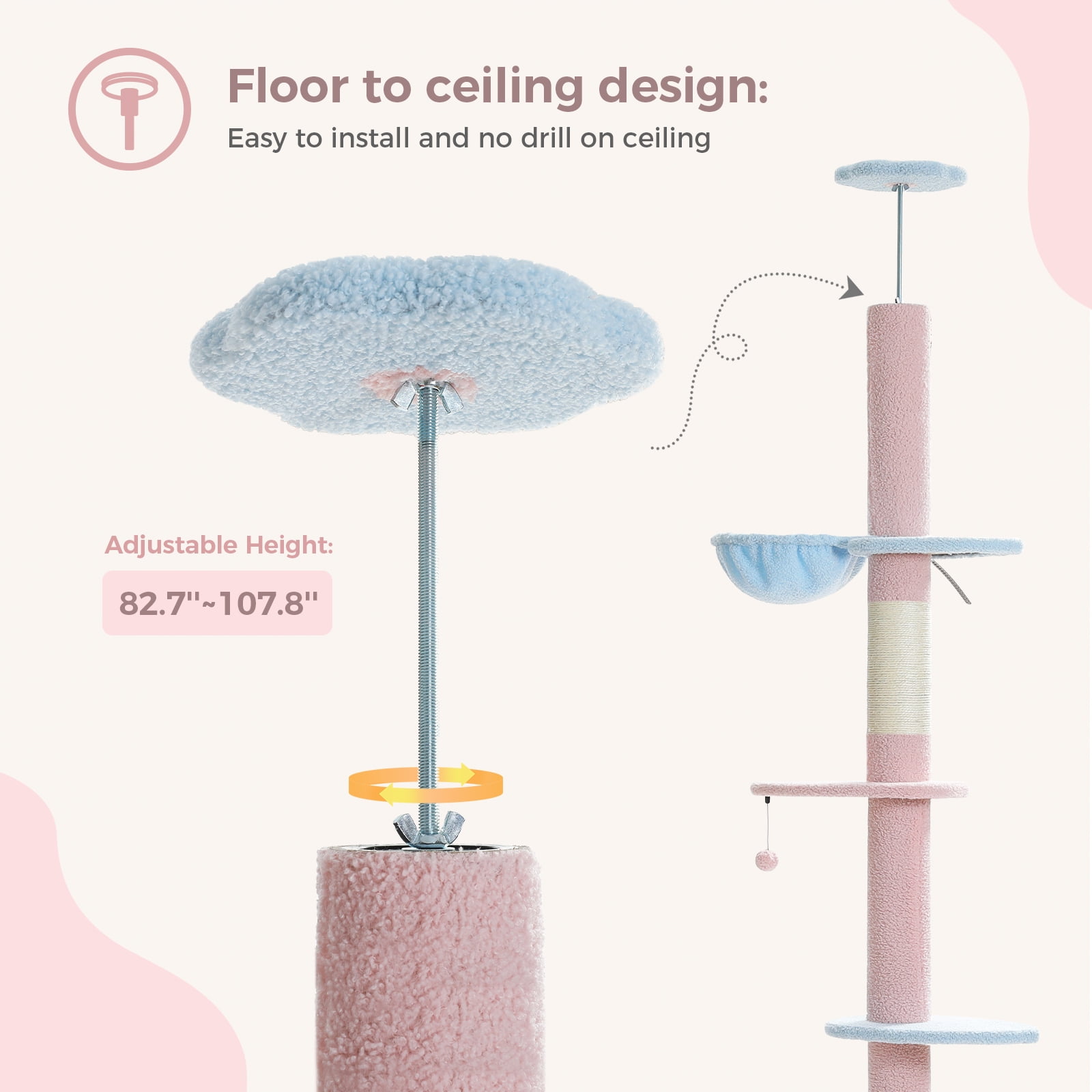 Pefilos 5 Tiers Cat Tree Floor to Ceiling, Adjustable Height (83"-108") Climbing Cat Tower for Indoor Cats with Condo, Scratching Post, Pink