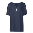 thumbnail image 4 of LIZUOJUN Women’s V-Neck Short Sleeve Henley Shirt Cotton Linen Blend Casual Summer Tee Breathique Soft Knit Button Detail Navy 2XL, 4 of 7