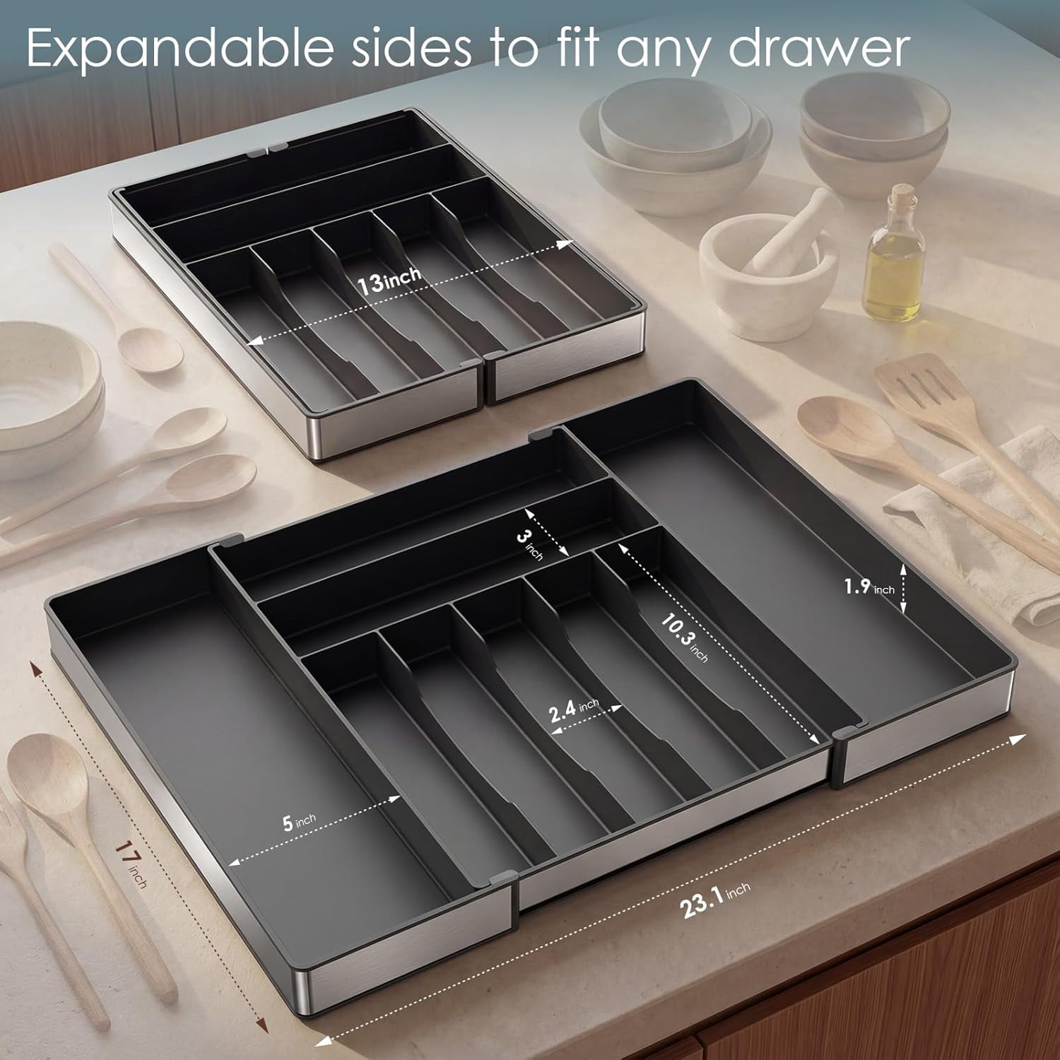 Extra Large Silverware Organizer, Slot Expandable Kitchen Drawer Organizer, Utensil Holder, Heavy Duty Stainless Steel Frame Silverware Drawer Organizer