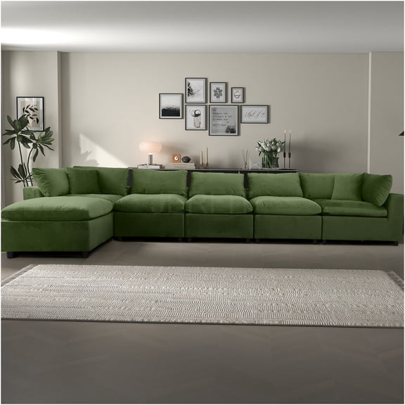 JERFIT Modern Olive Green Velvet Sectional Sofa Couch, Modular 6-Seat L-Shaped Living Room Furniture with Removable Cushions